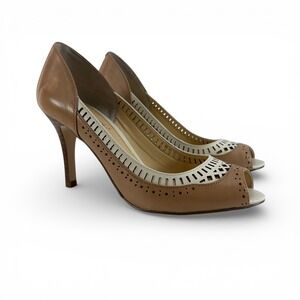 Ivanka Trump Candice Tan Leather Peep Toe Pumps Heels Laser Cut Cream 5.5M